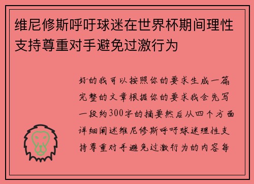 维尼修斯呼吁球迷在世界杯期间理性支持尊重对手避免过激行为